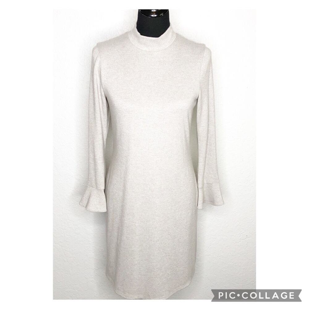 WHBM cream ivory metallic sweater knit ruffle sleeve dress size Small